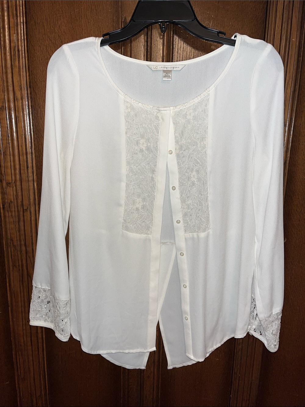LC Lauren Conrad Cream Lace-Panel Button Front Blouse